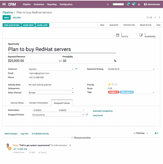 CRM. Del av gränssnittet för hantering av aktivitet.