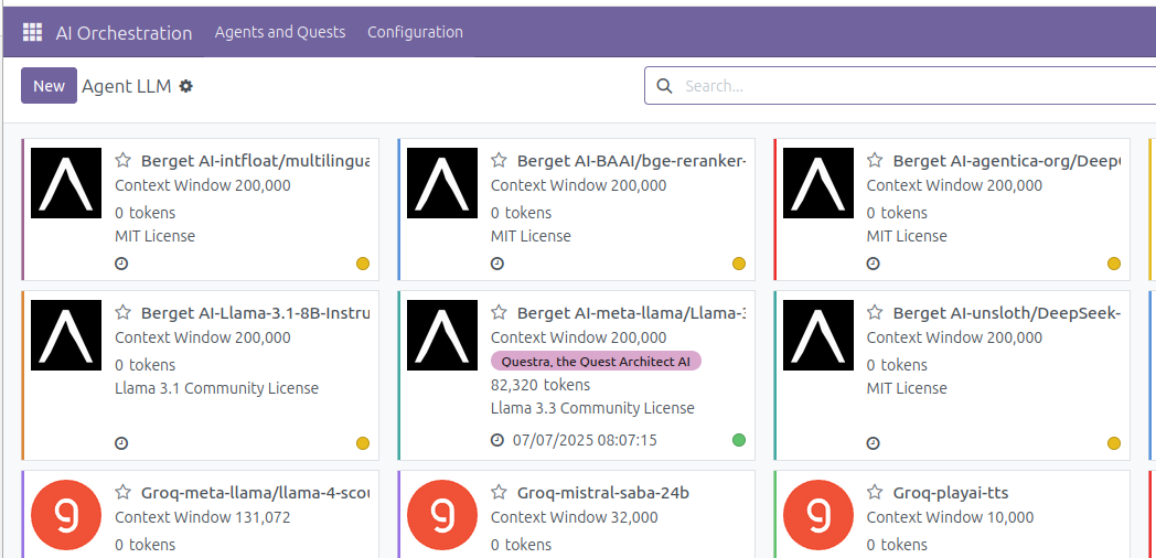 Screenshot från Odoos AI-orkestrering, med vy över de nyligen implementerade BergetAI-modellerna.